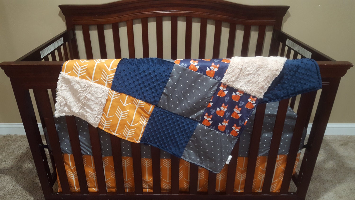 Baby Boy Crib Bedding Navy Fox Gray Plus Orange Arrow and