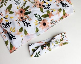 Swaddling baby blanket and knot headband baby girl Baby girl swaddle blanket and bow headband set floral baby blanket newborn baby set