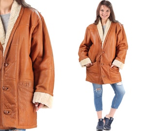 Sherpa SHEARLING Coat Vintage 70s Men's Leather Sheepskin Beige Real Lamb Fur Lining Collar Winter Overcoat Outerwear Jacket Medium to Large