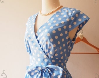 Sleeve Dress, Polka Dot Dress, Vintage Inspired 1950 Dress, Blue Sleeve Dress, Tea Party Dress, Blue Summer Sundress - FLAWLESS -Size S