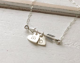 Arrow Necklace, Sterling Silver Arrow Initial Necklace, Heart and Arrow Necklace, Personalized Gift, Custom Arrow Necklace, Everyday Jewelry