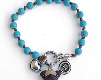 Pug dog bracelet turquoise stone
