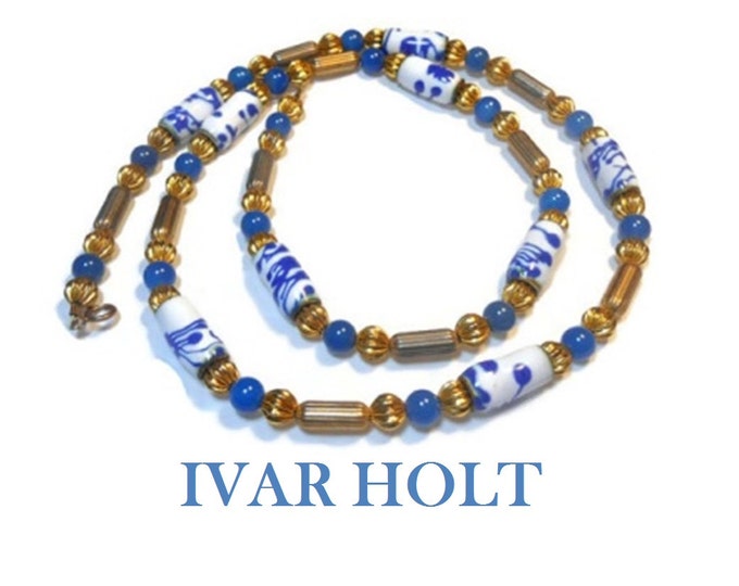 FREE SHIPPING Ivar Holt necklace, hand painted enamel 14k gold filled necklace in blues and white
