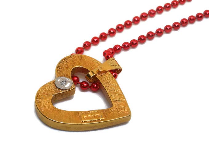 FREE SHIPPING Red rhinestone heart pendant, up-cycled Avon gold tone heart on a red ball chain necklace