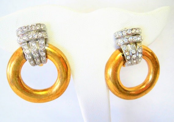 Park Lane Earrings - Vintage Rhinestone Doorknockers - Signed Park Lane - Clip On Earrings