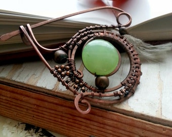 Celtic Shawl pin, Rustic Copper sweater pin or scarf pin in swirly design with czech glass, copper brooch