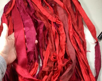 10 yards Sari Silk Ribbon Reds Jewelry Tassel Supply Sari Wrap Bracelet Fair Trade Craft Ribbon Fiber Art Supply
