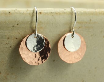 Hammered Copper and Silver Earrings, Sterling Silver Earrings, Hammered Silver Earrings, Hammered Copper Earrings, Hammered Earrings