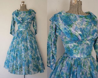 1950's Floral Chiffon Party Dress / Size XSmall