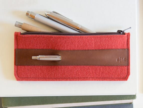 Felt and leather PENCIL CASE, sunglasses case, pen holder, orange and brown, wool felt, handmade, made in Italy