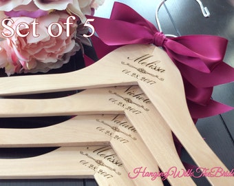 Set of 5 Wedding dress hanger, Wooden Engraved HangerCustom Bridal Hangers,Bridesmaids gift, Wedding hangers with names,Custom made hangers