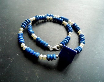 Necklace, lapis lazuli, freshwater pearl, cube, blue, necklace, jewelry