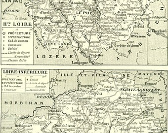 1922 Vintage Loiret map of France home decor French country decor wall hanging French department map Haute Loire map Loir et cher map