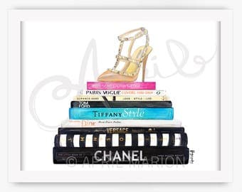 Valentino and Books Print | Chanel, Dior, Tiffany, Style, YSL, Fashion Illustration, Drawing, Present, Wall Art, Custom Illustration