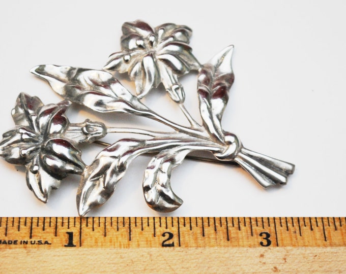 Sterling Flower Brooch - Signed Danecraft - Large Art Nouveau floral Silver pin - 29 grams