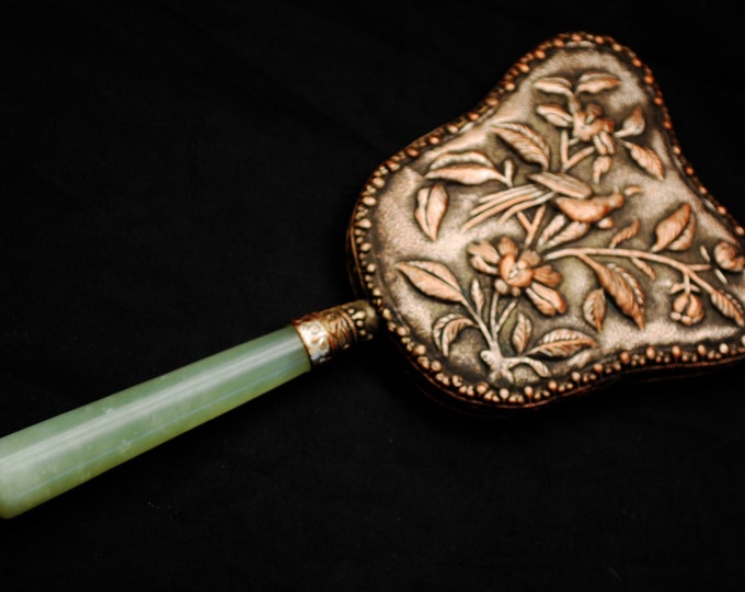 Flower Hand Mirror - Copper plated metal - Jade Green Glass Handle - Floral bird design - Vintage Vanity accessory