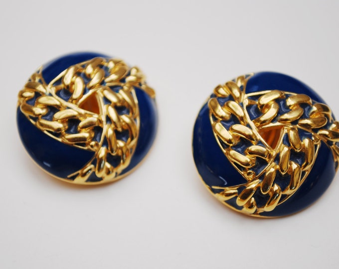 St John Earrings- Chunky Blue Enamel Gold rope chain -Clip on earrings - Nautical