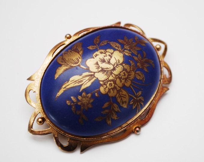 Blue Gold Flower Brooch -coblat blue Enamel gold floral - Victorian Revival Style - Oval domed gold ornate pin