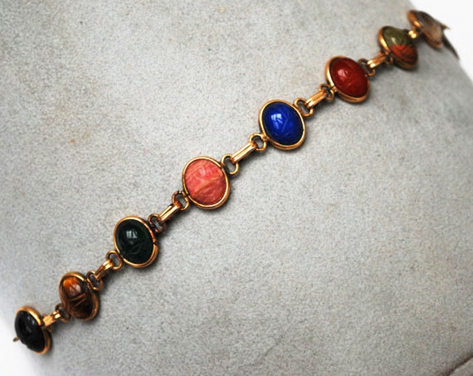 Egyptian Revival Scarab Link Bracelet Gemstones - Signed Uncas - 1/20 12 kt Gold filled