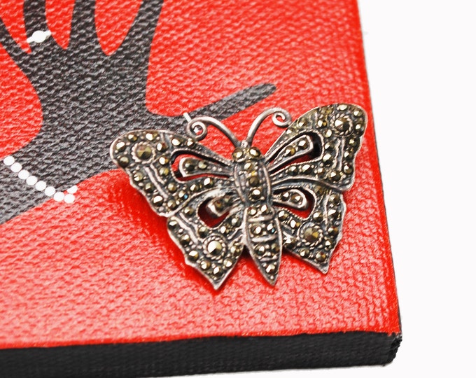 Sterling Marcasite Butterfly Brooch - Silver Insect Art Deco figurine Pin