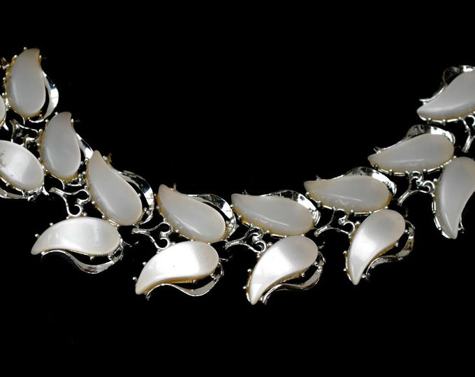 White Thermoset Link Bracelet - Vintage Moonglow Lucite Plastic - Silver tone - Mid Century - Gift for her