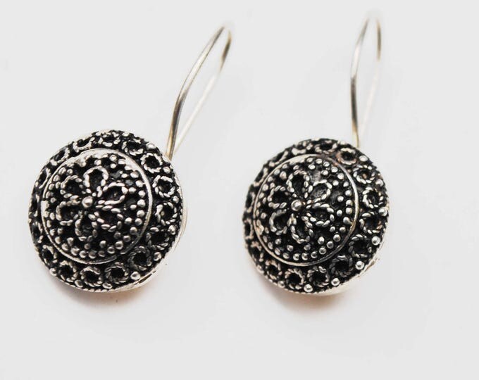 Sterling Flower Earring - Silver filigree - Signed DGS Turkey - Dangle Drop round disk Earrings