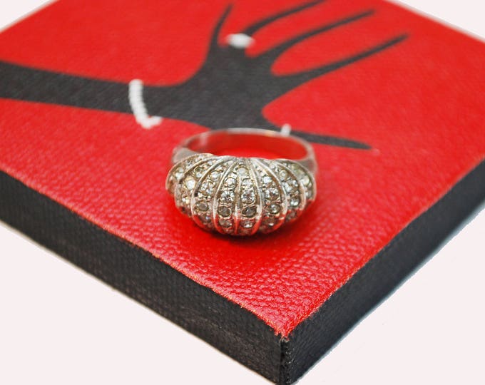 Sterling Rhinestone BAnd Ring -Wide silver crystal - size 5 1/2 - Art Deco