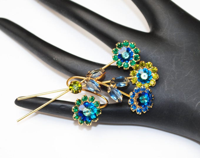 Rhinestone Flower Brooch - Blue Green Crystal - Floral Spray pin -Vintage rhinestone pin