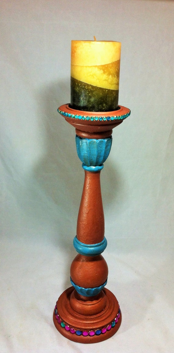 Tall Pillar Candle Holder Textured Copper Candlestick Boho