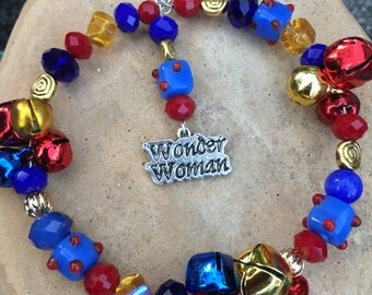 WONDER WOMAN Jingle Bell Wreath Ornament-Red Blue & Gold Holiday Ornament-DCComics-Warrior Princess-Diana Prince-Handmade Tree Ornament-OOAK
