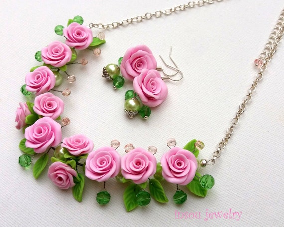 Pink Roses Flower Jewelry Romantic Necklace Pink Necklace