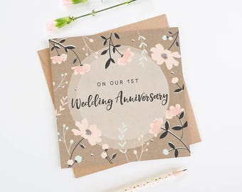 Wife 1st Anniversary Card Kraft Pink Floral