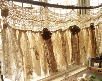 Custom Rustic Romantic ANTIQUE Lace Kitchen Valance Shabby BOHO Chic Vintage Crochet Lace Burlap Curtain Strip Fabric Banner Wedding Garland