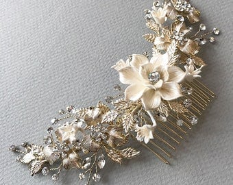 Gold Bridal Hair Comb, Floral Gold Hair Comb, Gold Headpiece, Gold Bridal Back Comb, Floral Bridal Hair Comb, Bridal Headpiece ~TC-2303-G