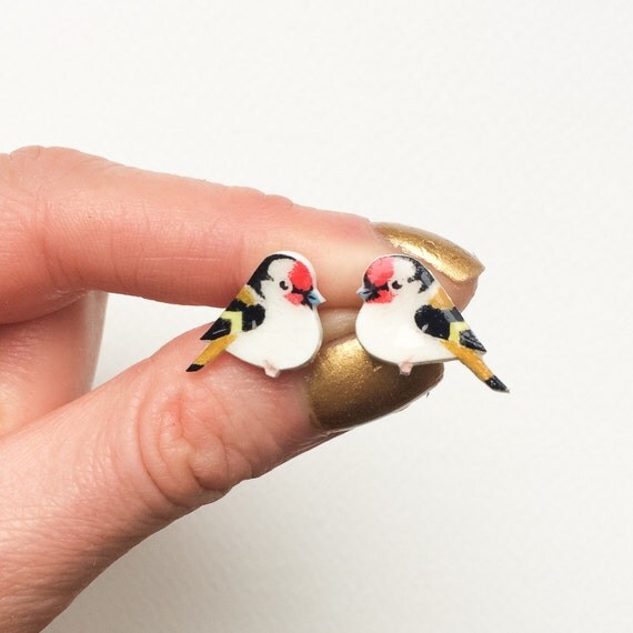 Hand painted Bird earrings Goldfinch Earrings Hand drawn
