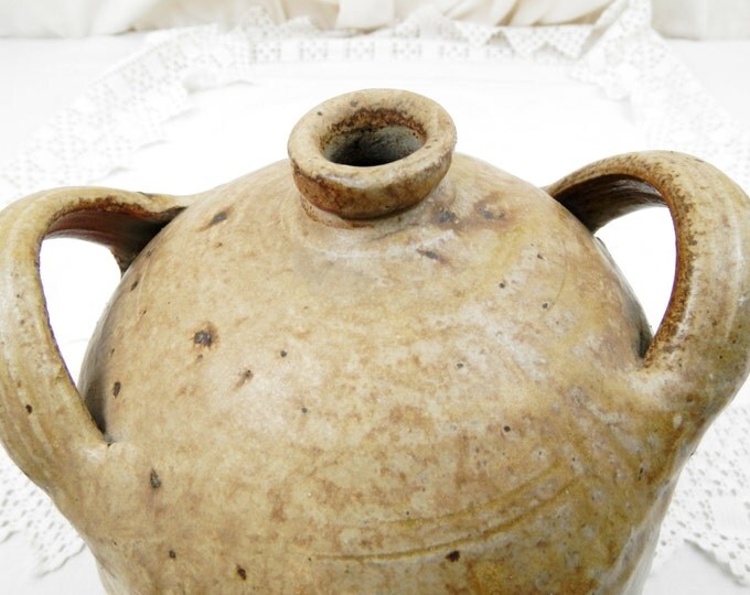Large Antique French Hand Made Stoneware Salt Glaze Bottle / Carboy with 2 Handles, Rustic Primitive Ceramic Bottle, China Demi John Vase