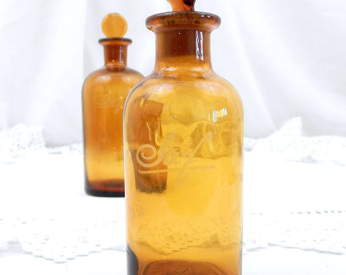 2 Antique French Amber Glass Medicine Apothecary Bottle with Glass Stopper, French Country Decor, Chemist, Decor, Retro, Parisian, Home