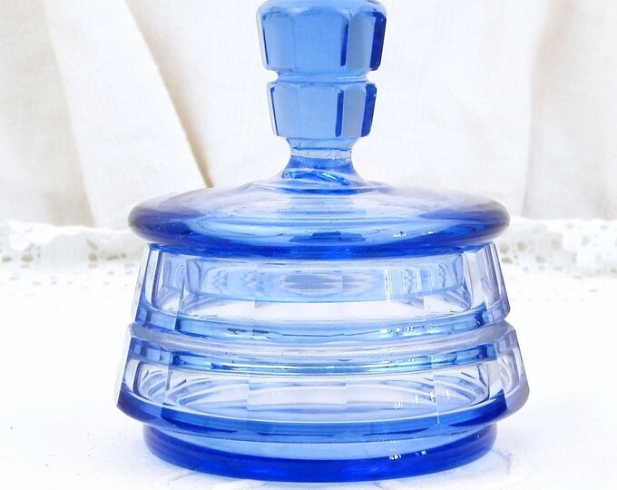 Vintage Czech Blue Glass Art Deco Style Lidded Powder Pot / Bonbonniere, Bohemian Glass Jar, Azur Decor, Eastern European, Czechoslovakia