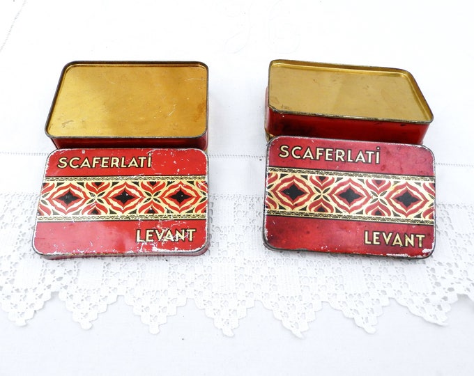 2 Vintage French Matching Metal Tobacco Tins "Scaferlati Levant" Red and Gold Graphics and Pattern, French Decor, Matching Pair, Retro Tin 2 Vintage French Matching Metal Tobacco Tins "Scaferlati Levant" Red and Gold Graphics and Pattern, French Decor, Matching Pair, Retro Tin