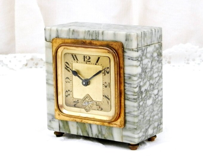 Working Vintage Art Deco Marble Stone Mechanical Bayard Alarm Clock, Green and White Veined Marble Wind-up Bedside Clock, Retro, Home