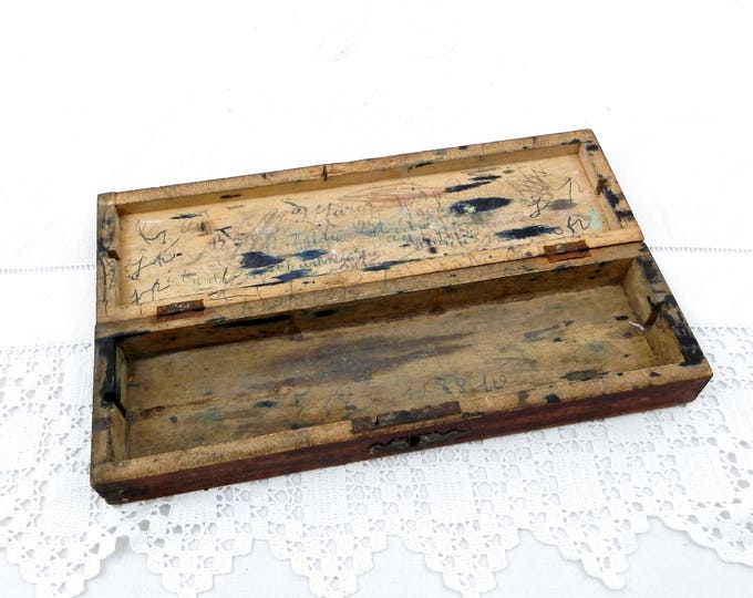 Antique French Wooden Pencil Box with "Plumier" Inscribed on the Lid and Dovetail Joints, Country Decor, Desk, Office, School, France, Pupil