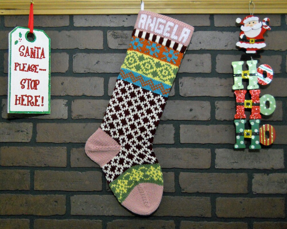 Pink Christmas Stocking Fair Isle Knit Stocking with Burgundy