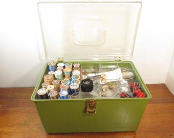 Three Tier Vintage Sewing Box with Sewing Supplies, Wil-hold Green Sewing Case