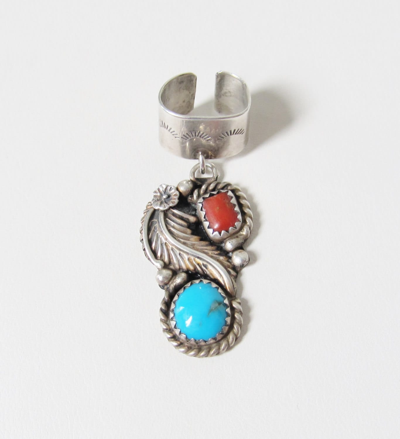 Turquoise and Coral Ear Cuff Sterling Silver Southwestern Ear