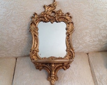 Syroco Wood ornate gold wall mirror with shelf Hollywood Regency Paris apartment French provencial shabby cottage chic hanging home decor