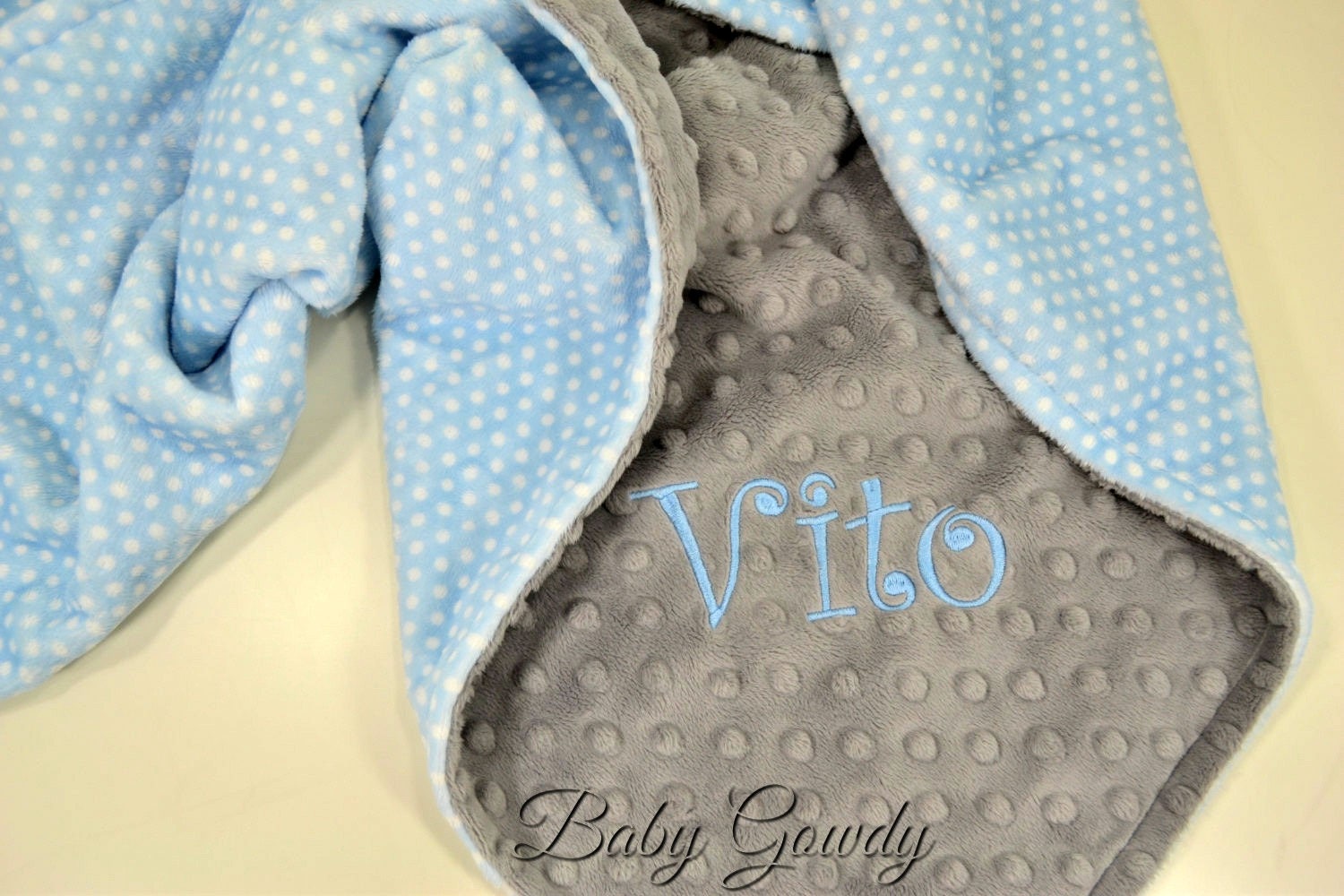 Personalized Baby Blanket Baby Blue Swiss Dot Minky Silver