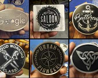 Personalized Custom Belt Buckle With Your Logo or Initials, Aluminum Belt Buckle, Custom Made, Etched Metal, Vintage, Made In USA