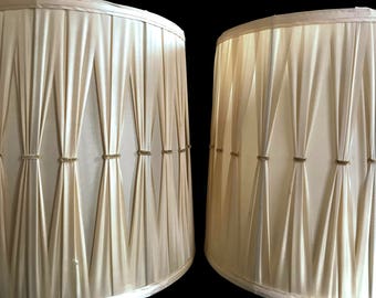 Two Mid Century Lamp Shades Pleated Fabric Large Drum Lampshade Beige Fabric 60s Hollywood Regency Home Decor Vintage Lighting