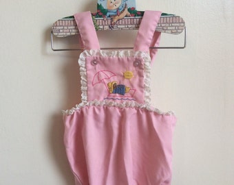 VTG Pattiton Bear Pink Overall Romper Sz 3-6M Lace