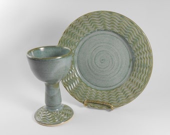 Chalice and paten set - pottery communion set - blue green communion set - liturgical ware - communion ware W219